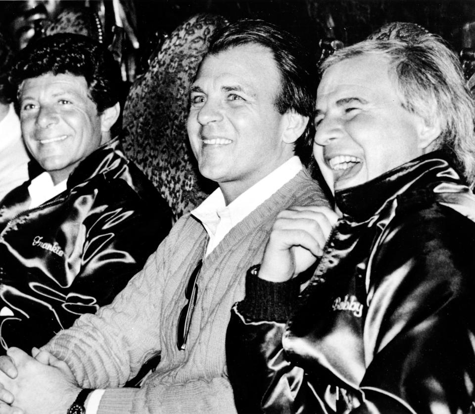 Rock and roll stars, from left, Frankie Avalon, Fabian and Bobby Rydell share a laugh at City Hall in Philadelphia, Penn., where  they are presented with awards on April 17, 1985.  All three are originally from South Philly.