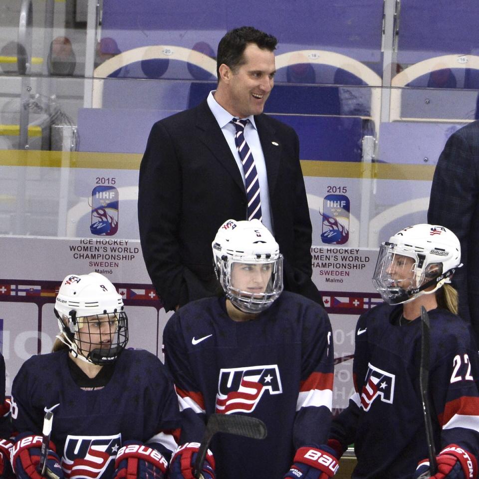 FILE - U.S. coach Ken Klee smiles during the 2015 IIHF Ice Hockey Women's World Championship final between Team USA and Canada at Malmo Isstadion in Malmo, southern Sweden, Saturday April 4, 2015. Klee happily traded a vacation in Costa Rica for the opportunity to coach the newly launched Professional Women's Hockey League franchise in Minnesota. Klee is no stranger to women’s hockey. He coached the U.S. national women’s team to win gold at the 2015 and ’16 world championships. (AP Photo/Claudio Bresciani /TT, File)