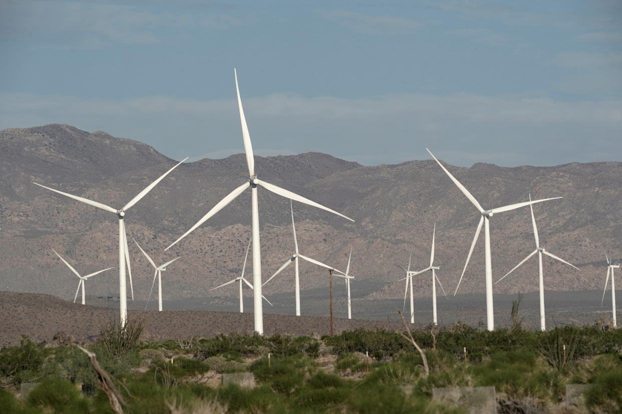 Power-generating Siemens 2.37-megawatt wind turbines are seen at the Ocotillo Wind Energy Facility in California. 