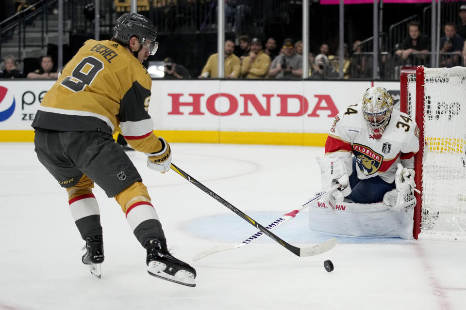 Florida Panthers goaltender Sergei Bobrovsky (72) stops a shot by Vegas Golden Knights center Jack Eichel (9) during the second period of Game 2 of the NHL hockey Stanley Cup Finals, Monday, June 5, 2023, in Las Vegas. (AP Photo/John Locher)