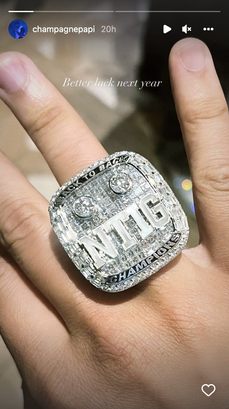 Drake shows off his championship ring after winning the SBL Rec Basketball League