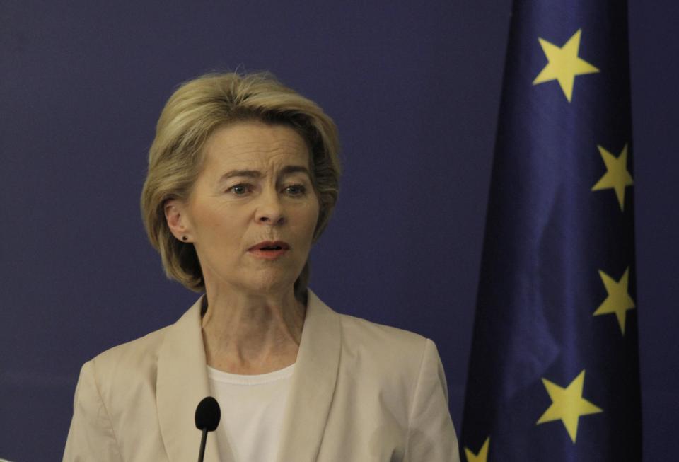 Ursula von der Leyen, President-elect of the European Commission speaks in Council of Ministers headquarter in Sofia, Bulgaria, Thursday, Aug. 29, 2019. The visit is part of the consultations with EU Member States leaders before the full membership of the new European Commission is presented. (AP Photo/Valentina Petrova)