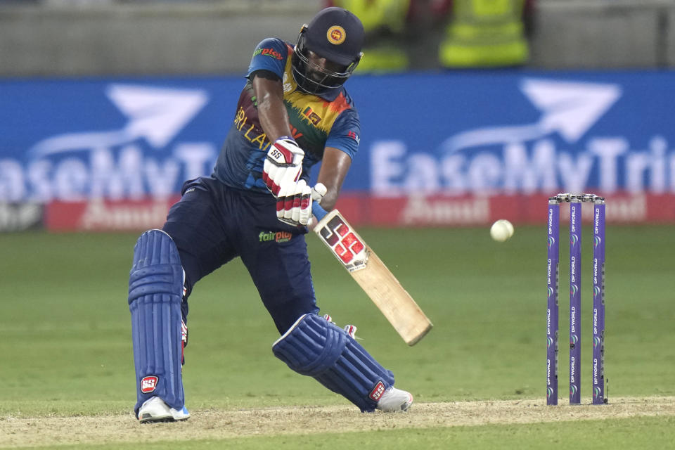 Sri Lanka's Bhanuka Rajapaksa plays a shot during the T20 cricket Asia Cup final match between Pakistan and Sri Lanka, in Dubai, United Arab Emirates, Sunday, Sept. 11, 2022. (AP Photo/Anjum Naveed)