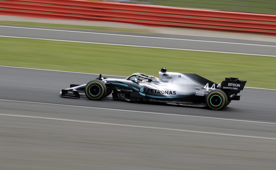 Mercedes driver Lewis Hamilton of Britain steers his car during the British Formula One Grand Prix at the Silverstone racetrack, Silverstone, England, Sunday, July 14, 2019. (AP Photo/Luca Bruno)