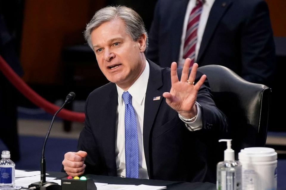 PHOTO: FBI Director Christopher Wray testifies before the Senate Judiciary Committee on Capitol Hill in Washington, March 2, 2021. (Patrick Semansky/AP, FILE)