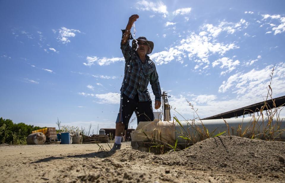 Frank Ferreira pulls a handful of fresh water from a large open pipe at his farm near Visalia.