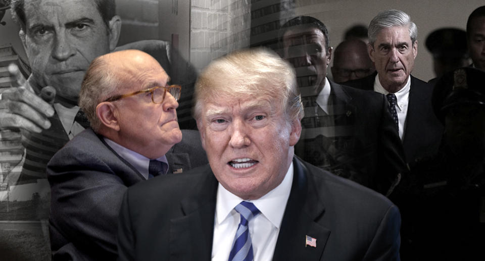 From left: Richard Nixon, Rudy Giuliani, Donald Trump, and Robert Mueller. (Photo illustration: Yahoo News; photos: Charles Tasnadi/AP, Tasos Katopodis/Getty Images, Evan Vucci/AP, AP, Aex Wong/Getty Images)