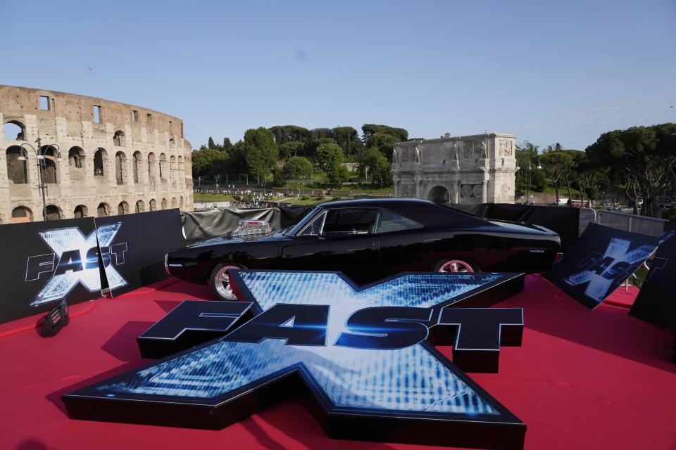 The logo of the movie is displayed at the red carpet of the world premiere of the film 'Fast X' in Rome, Friday, May 12, 2023. (AP Photo/Gregorio Borgia)