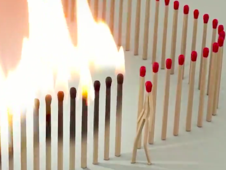 Juan Delcan, along with his artist wife used a metaphor by animating burning matches in a line to illustrate quickly a virus is spread from human to human, or in this case, match to match. 