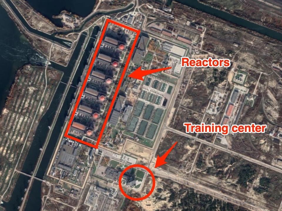 An annotated satelite image shows the plan of the Zaporizhzhia power plant