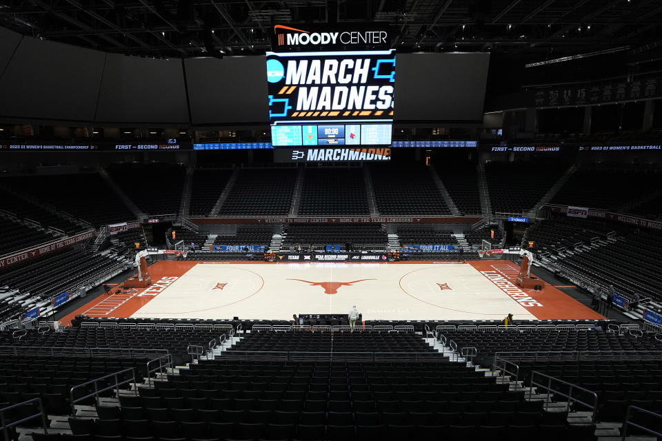 The Moody Center, an NCAA host site for the first and second round of the women's basketball tournament, is seen at the University of Texas in Austin, Texas, Monday, March 20, 2023. Despite all the positive numbers, the women's tournament loses money — in large part because of the lack of television revenue. Those engaged in the sport hope to give network execs another glimpse this weekend of why they need to ante up during March Madness. The TV contract is up next summer and the NCAA is expected to decide by the fall if the women’s tournament will become a separate entity or continue to be bundled with all the other championships excluding men’s basketball and football. (AP Photo/Eric Gay)