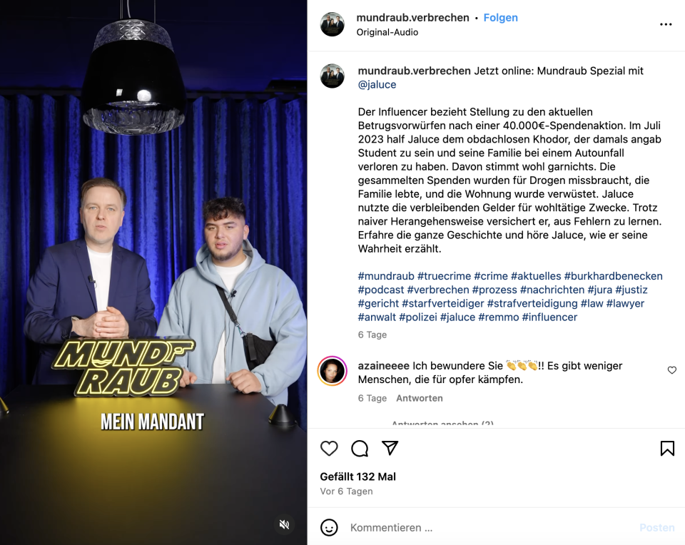 Zusammen mit seinem Anwalt hat Jaluce ein Statement abgegeben. - Copyright: Mundraub Verbrechen / Instagram