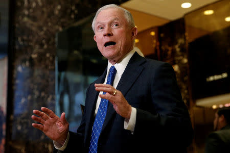 U.S. Senator Jeff Sessions (R-AL), an advisor to U.S. President Elect Donald Trump, speaks to members of the Media in the lobby of Trump Tower in the Manhattan borough of New York City, New York November 17, 2016. REUTERS/Mike Segar/File Photo