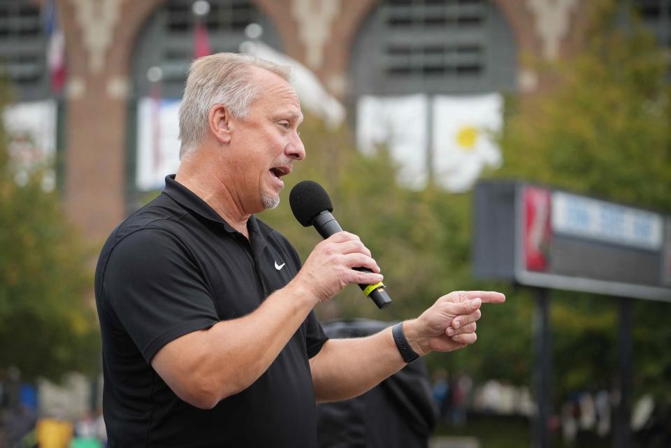 Todd Halbur, a Republican candidate for state auditor, speaks at the Des Moines Register Political Soapbox during the Iowa State Fair on Saturday, Aug. 20, 2022 in Des Moines.