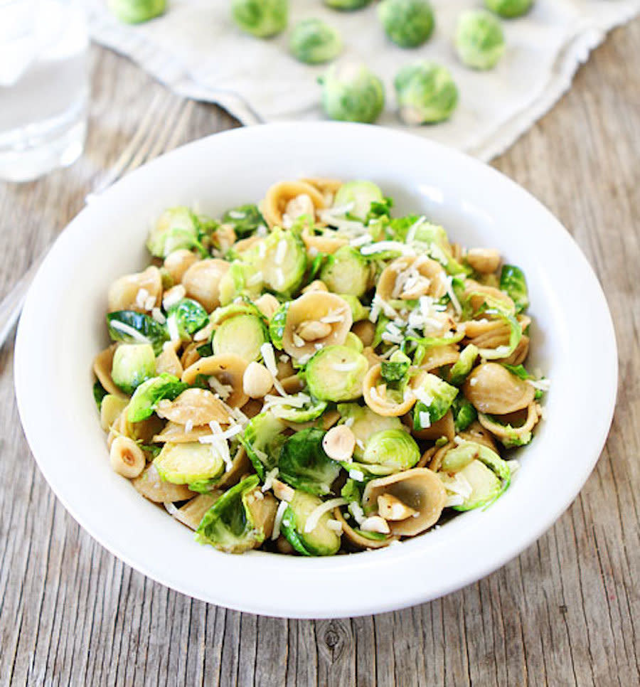 <strong>Get the <a href="http://www.twopeasandtheirpod.com/brown-butter-brussels-sprouts-pasta-with-hazelnuts/" target="_blank">Brown Butter Brussels Sprouts Pasta With Hazelnuts recipe</a> by Two Peas And Their Pod</strong>
