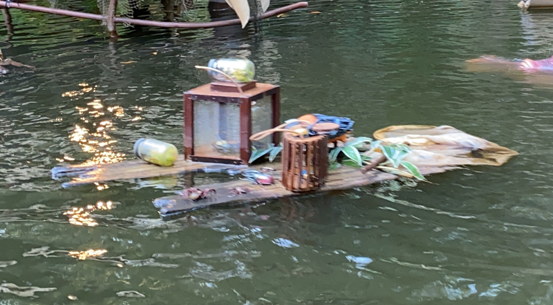 Boxes and hars broken open with plants and bugs floating on shards of wood