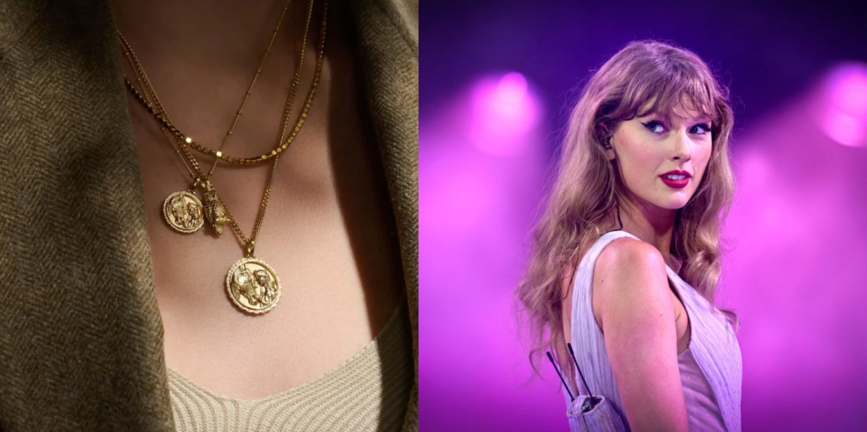 a pair of gold necklaces on someones chest and taylor swift