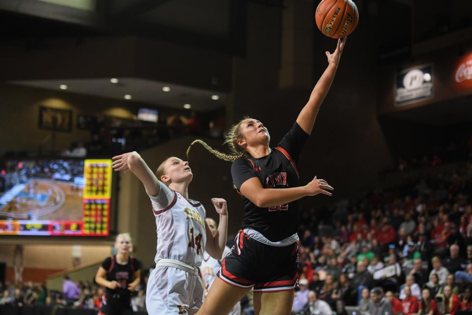 Brandon Valley's guard Alyvia Padgett (32) shoots the ball on Thursday, March 8, 2024 at Sanford Pentagon in Sioux Falls.