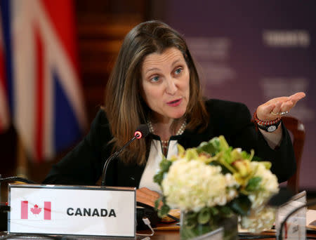 Canada's Minister of Foreign Affairs Chrystia Freeland makes opening remarks at foreign ministers meetings from G7 countries in Toronto, Ontario, Canada April 22, 2018. REUTERS/Fred Thornhill