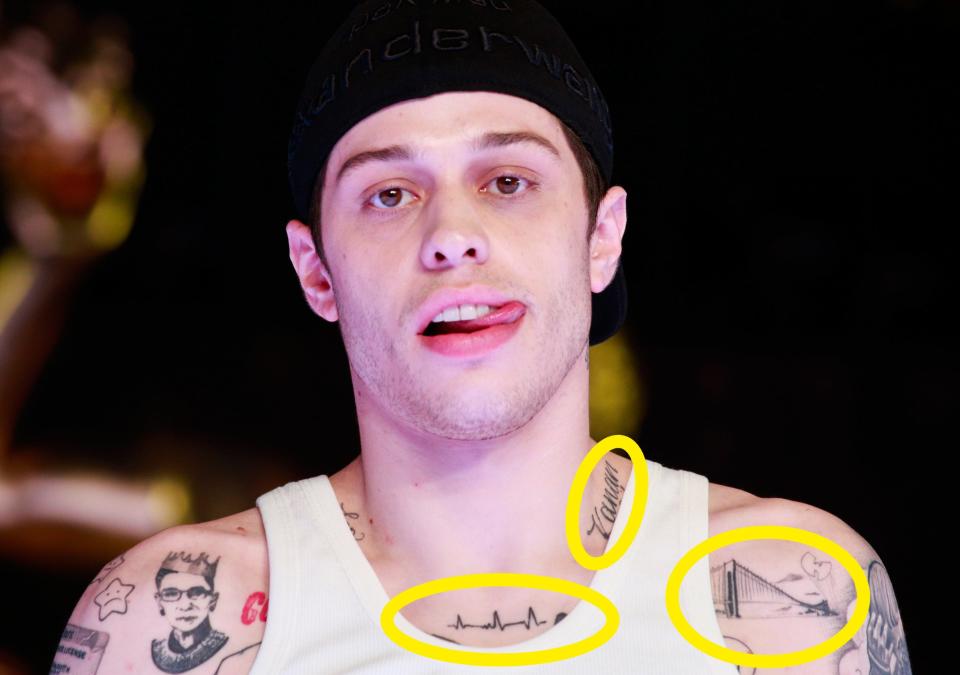 A closeup of the tattoos described