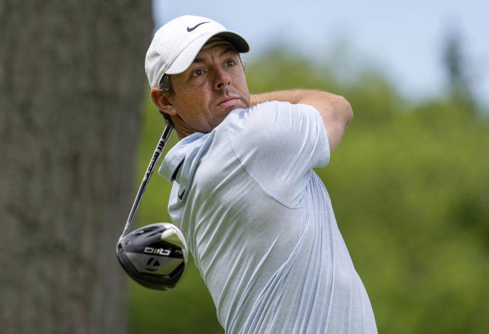 Rory McIlroy, of Northern Ireland, tees off on the fourth hole during the third round of Canadian Open golf tournament in Hamilton, Ontario, Saturday, June 1, 2024. (Frank Gunn/The Canadian Press via AP)