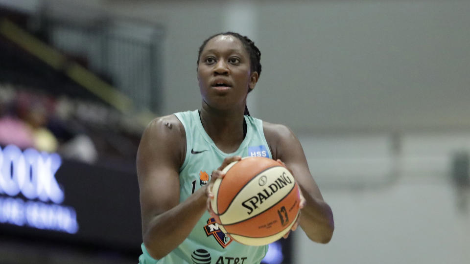 New York Liberty center Tina Charles shoots a free throw during the first half of a WNBA basketball game, Tuesday, Aug. 13, 2019, in White Plains, N.Y. (AP Photo/Kathy Willens)