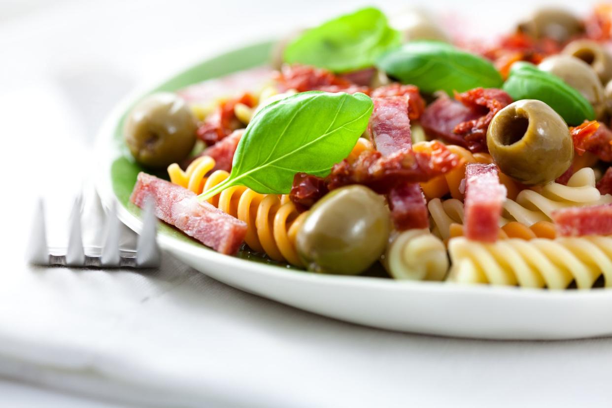 pasta salad with salami and dry tomatoes