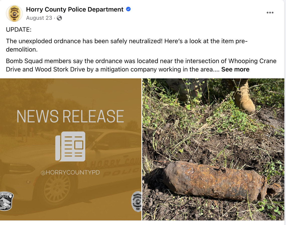 A screen shot from an August 23, 2023 Facebook post made by the Horry County Police regarding unexploded ordnance.
