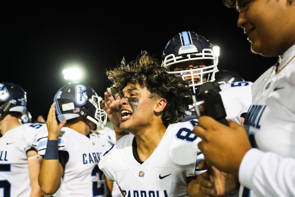 Carroll's Hector Martinez (84) celebrates after the Tigers won a high school football game 49-14 against Moody at Cabaniss Athletic Complex in Corpus Christi, Texas on Thursday, Oct. 6, 2022.