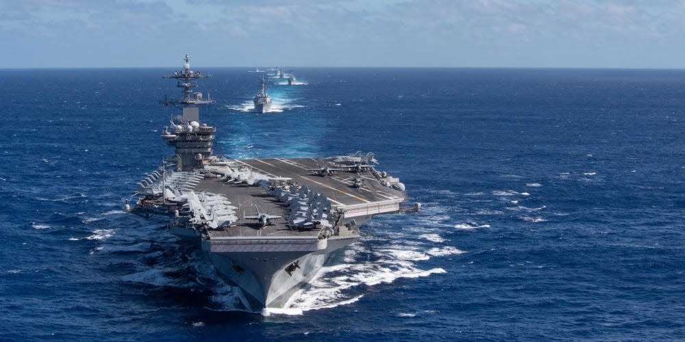 The Theodore Roosevelt Carrier Strike Group transits in formation Jan. 25, 2020. The Theodore Roosevelt Carrier Strike Group is on a scheduled deployment to the Indo-Pacific.