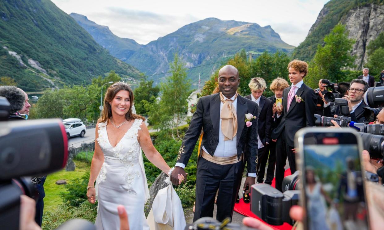 <span>Norwegian Princess Märtha Louise and Durek Verrett arrive at their wedding party at Hotel Union in Geiranger, western Norway.</span><span>Photograph: Cornelius Poppe/EPA</span>