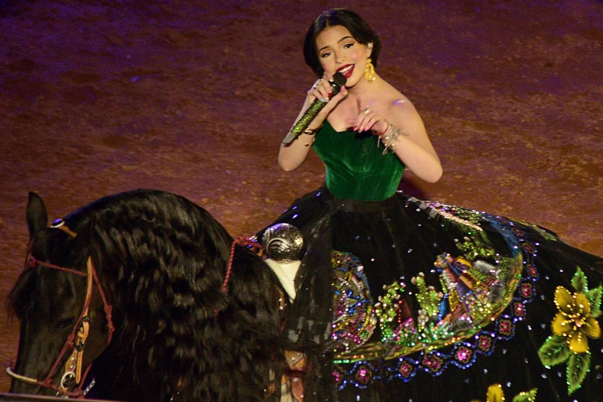 MEXICO CITY, MEXICO - MARCH 04: Angela Aguilar performing during a show `Jaripeo sin frontera 2023´ at Plaza Mexico on March 4, 2023 in Mexico City, Mexico. (Photo by Jaime Nogales/Medios y Media/Getty Images)