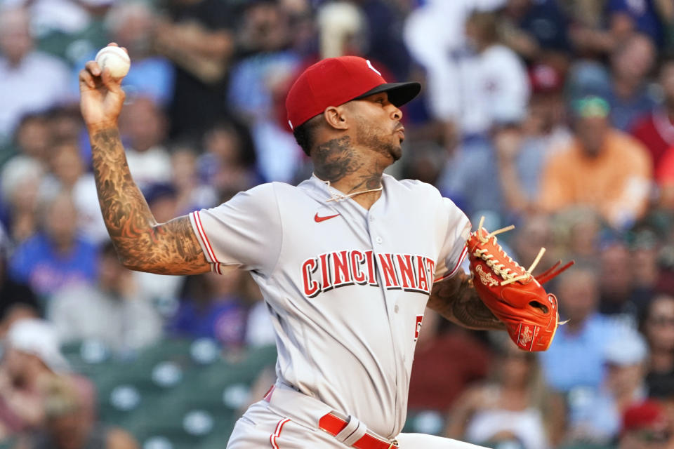 Cincinnati Reds starting pitcher Vladimir Gutierrez throws to a Chicago Cubs batter during the first inning of a baseball game Tuesday, July 27, 2021, in Chicago. (AP Photo/David Banks)