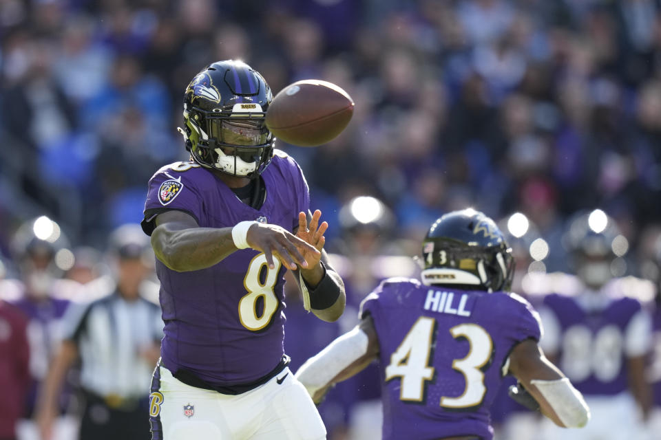 Baltimore Ravens quarterback Lamar Jackson throws during the second half of an NFL football game against the Detroit Lions, Sunday, Oct. 22, 2023, in Baltimore. (AP Photo/Alex Brandon)