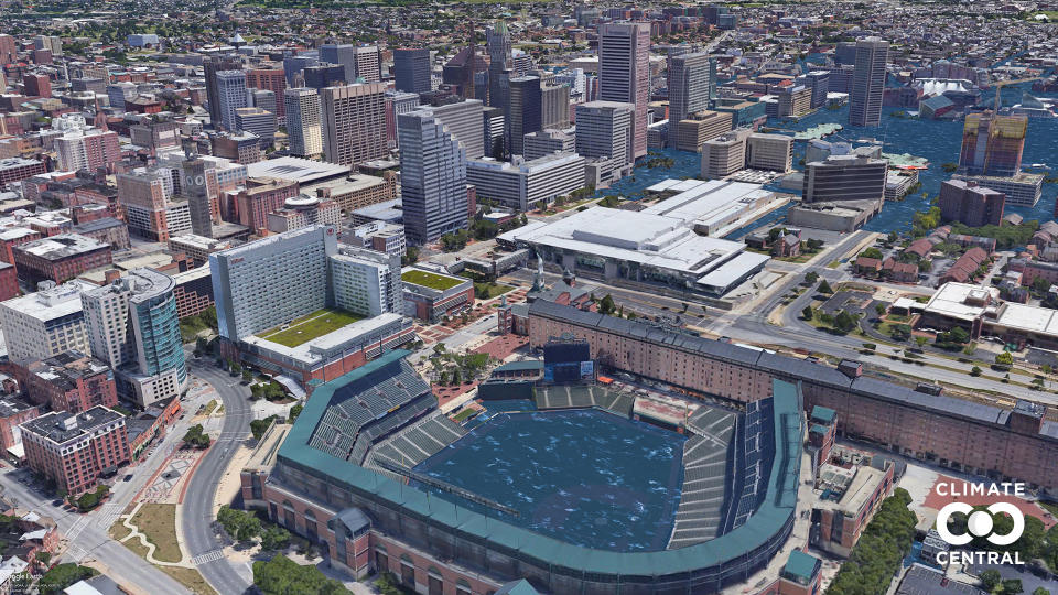 Areas northeast of the center are underwater, as is the stadium south of it