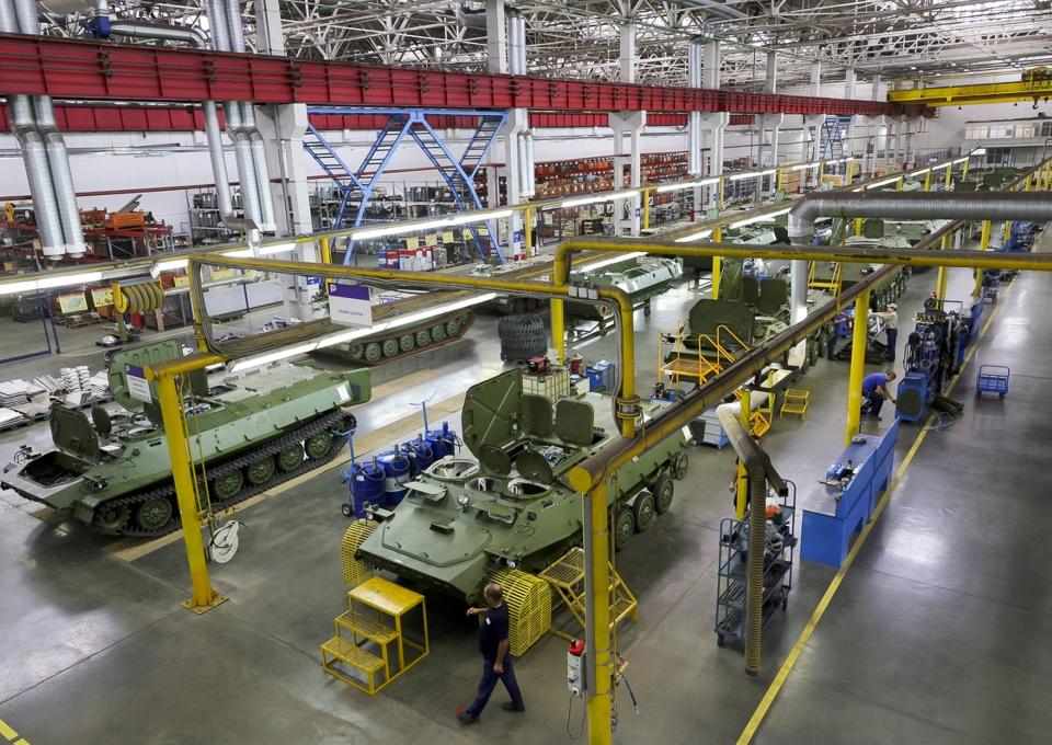 FILE - This photo released by the Russian Defense Ministry Press Service on July 11, 2023, shows a view of the factory for the production of military armored vehicles while Russian Defense Minister Sergei Shoigu visits the Central Military District, inspecting a defense order at enterprises in Tatarstan, Russia. While the West faces problems in maintaining the tempo of weapons supplies, with military aid hitting snags in Washington and Brussels, Russia has been boosting production of missiles, tanks and other weapons. (Russian Defense Ministry Press Service via AP, File)