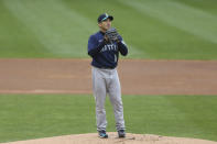 Seattle Mariners pitcher Yusei Kikuchi (18) stands on the mound during the first inning of a baseball game against the Minnesota Twins, Saturday, April 10, 2021, in Minneapolis. (AP Photo/Stacy Bengs)