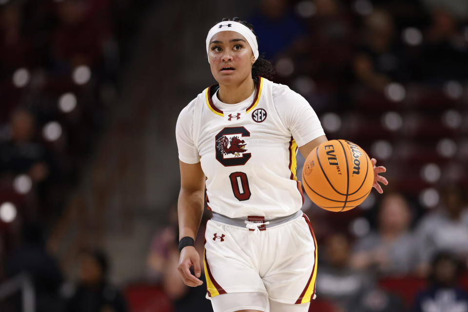 South Carolina guard Te-Hina Paopao pushes the ball upcourt against Clemson during the first half of an NCAA college basketball game in Columbia, S.C., Thursday, Nov. 16, 2023. (AP Photo/Nell Redmond)