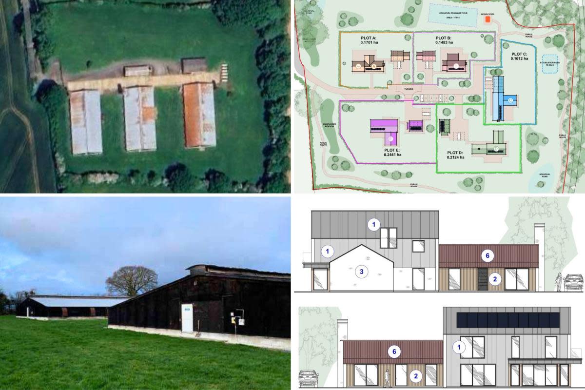 The current poultry sheds, and layout and a house design from the development proposal <i>(Image: Google; RRA, from application)</i>