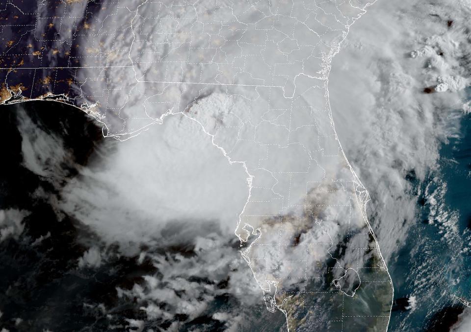 This image obtained from the National Oceanic and Atmospheric Administration (NOAA), shows Hurricane Idalia making landfall in Florida on August 30, 2023.