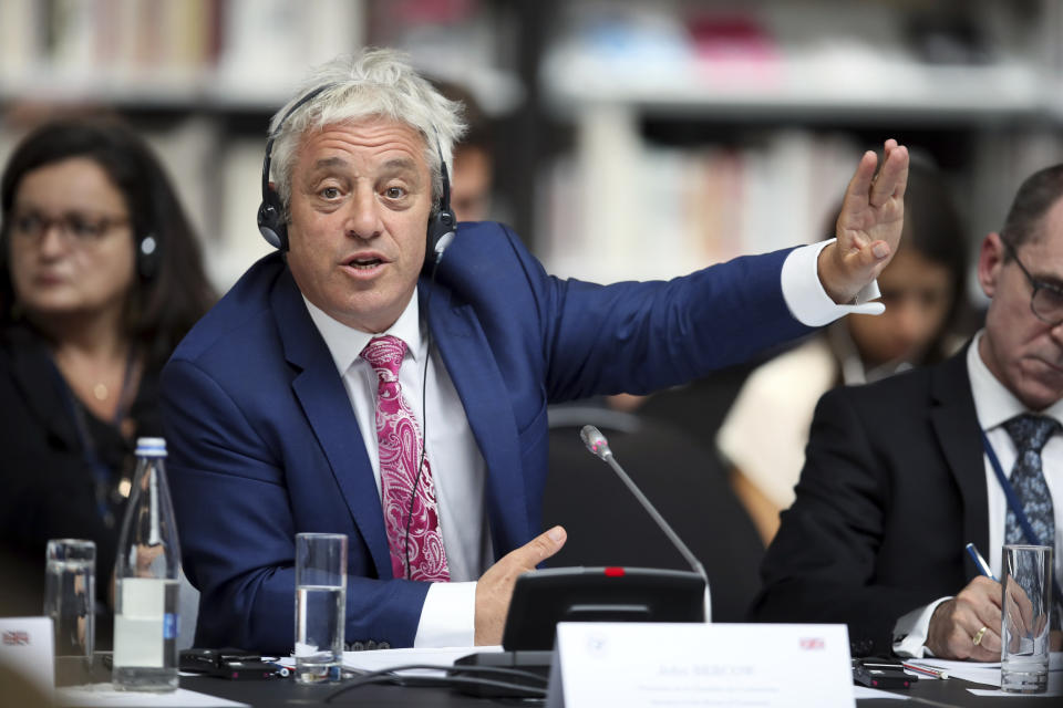 FILE - In this Friday, Sept. 6, 2019 file photo, Speaker of the House of Commons John Bercow gestures during a meeting at the G7 parliaments summit, in Brest, western France. A colorful era in British parliamentary history is coming to a close with Speaker of the House John Bercow’s abrupt announcement Monday, Sept. 9, 2019 that he will leave his influential post by the end of October. (AP Photo/David Vincent, file)