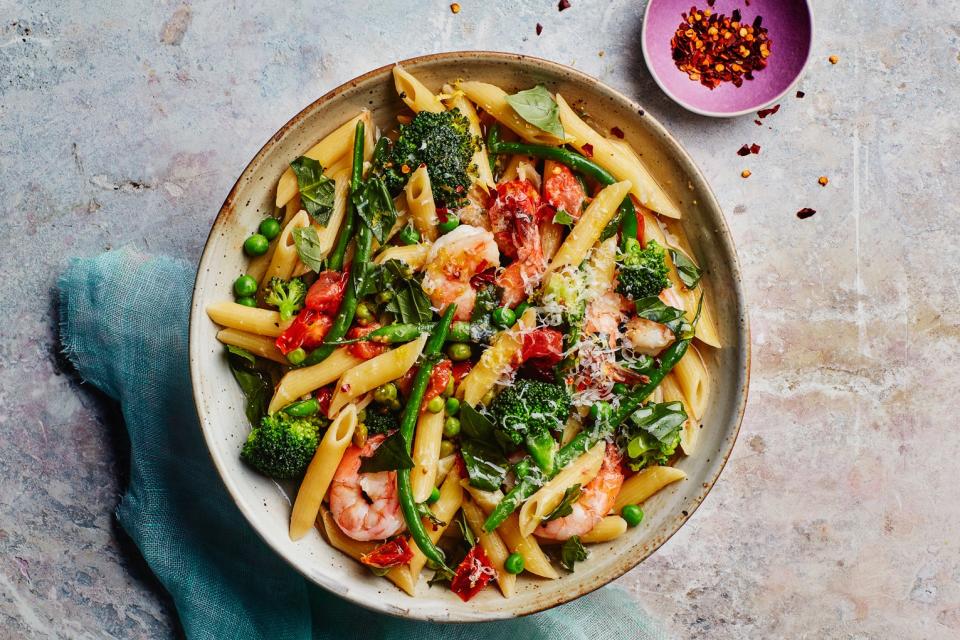 <h1 class="title">One-Pot Pasta Primavera with Shrimp Recipe</h1><cite class="credit">Photo by Chelsea Kyle, Prop Styling by Sophie Strangio, Food Styling by Olivia Mack Anderson</cite>