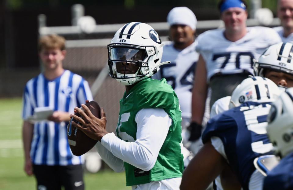 BYU quarterback Nick Billoups looks to pass during practice in Provo on Tuesday, Aug. 8, 2023. | Scott G Winterton, Deseret News