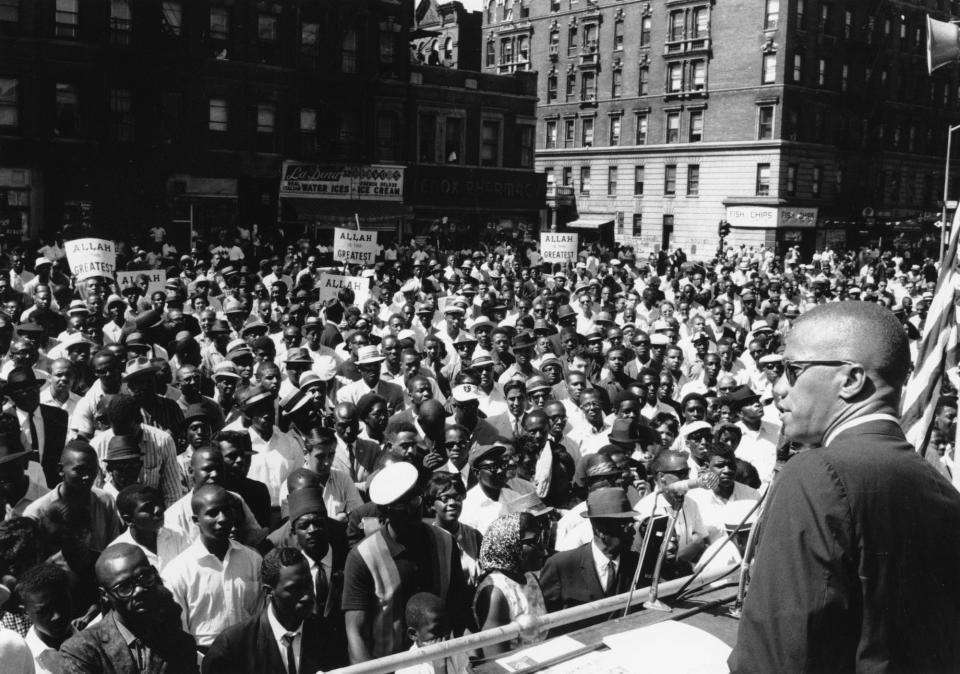 Malcolm X, Black Muslim leader, addresses a rally in Harlem in New York City on June 29, 1963.