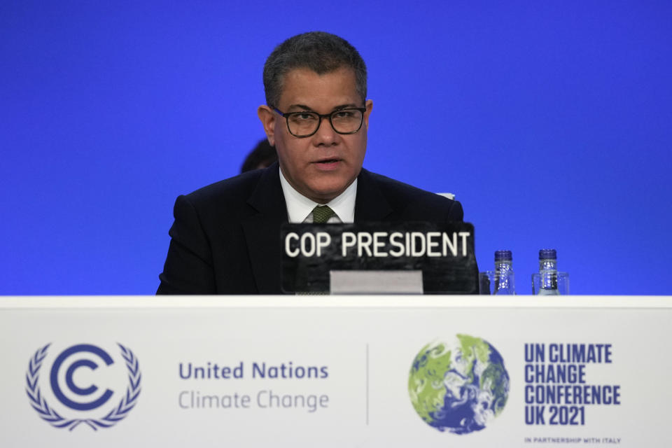 Alok Sharma President of the COP26 summit speaks at the COP26 U.N. Climate Summit in Glasgow, Scotland, Thursday, Nov. 11, 2021. (AP Photo/Alastair Grant)