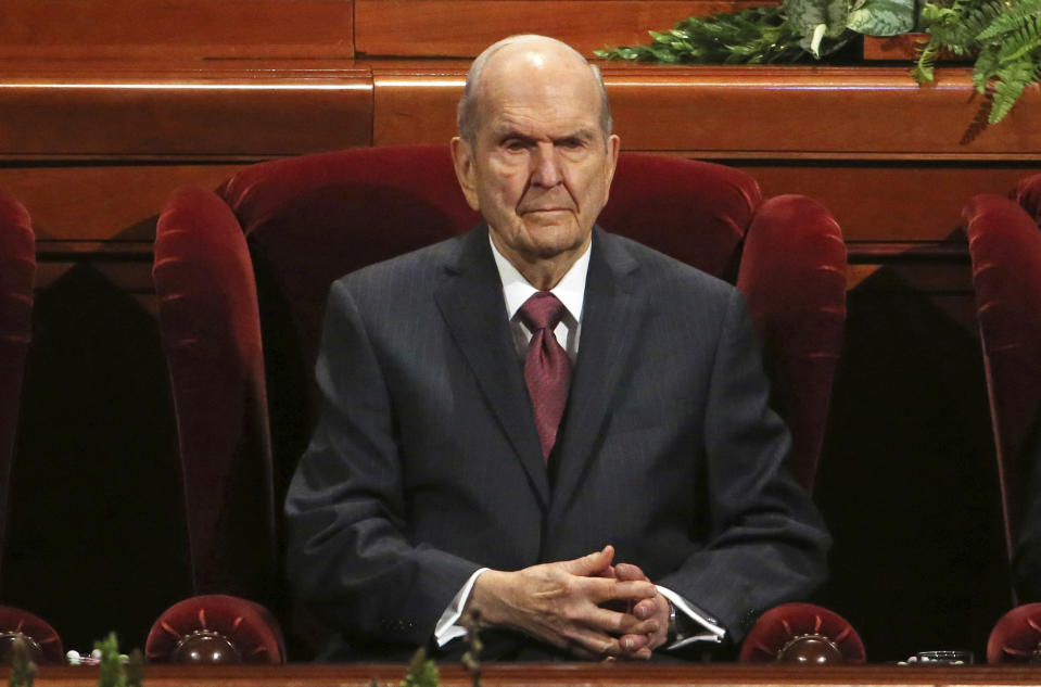 Church President Russell M. Nelson looks on during The Church of Jesus Christ of Latter-day Saints' conference Saturday, April 6, 2019, in Salt Lake City. Church members are preparing for more changes as they gather in Utah for a twice-yearly conference to hear from the faith's top leaders. (AP Photo/Rick Bowmer)