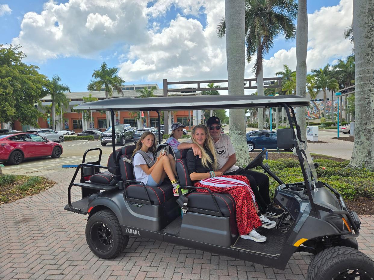 Former pro tennis players Robert Seguso and Carling Bassett-Seguso with their two youngest children, 12-year old Teddy (front) and Lenny (back) after playing pickleball recently at the Delray Beach Tennis Center.