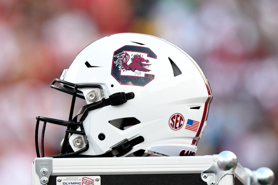 COLUMBIA, SC - SEPTEMBER 14: A South Carolina Gamecocks helmet sits on a trunk close to the bench during the game between the Alabama Crimson Tide and the South Carolina Gamecocks on September 14, 2019 at Williams-Brice Stadium in Columbia,SC. (Photo by Dannie Walls/Icon Sportswire via Getty Images)