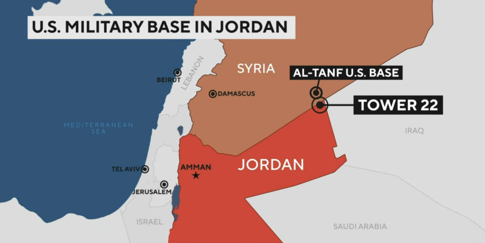 A map shows the location of the U.S. military outpost called Tower 22 in northeast Jordan, near the border with Syria. / Credit: CBS News