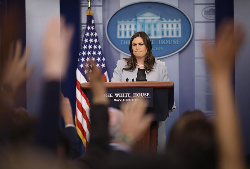 White House press secretary Sarah Huckabee Sanders takes questions&nbsp;at the&nbsp;daily briefing at the White House on Wednesday.&nbsp;A Fox News reporter used the term "globalist" in reference to Gary Cohn. (Photo: Win McNamee via Getty Images)